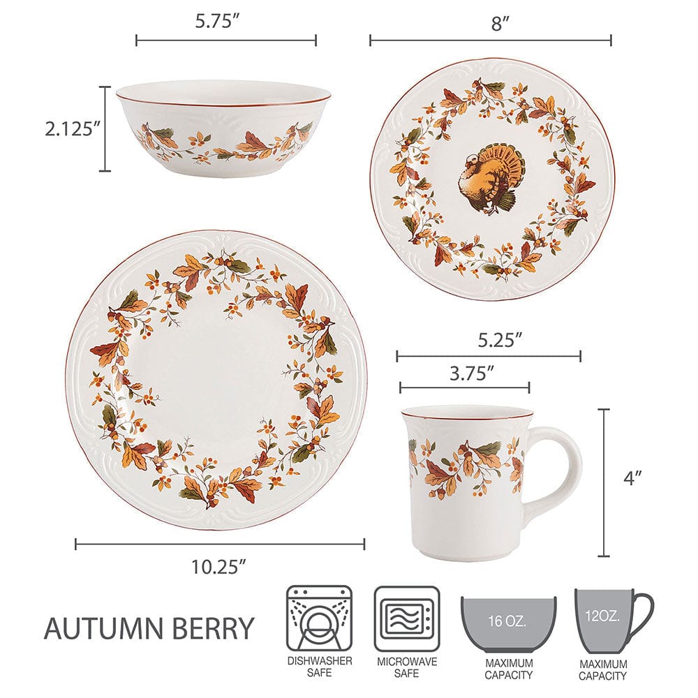 Autumn Berry service dimensions sheet showing a 5.75 inch bowl 8 inch plate 10.25 inch dinner plate and a 4 inch mug.