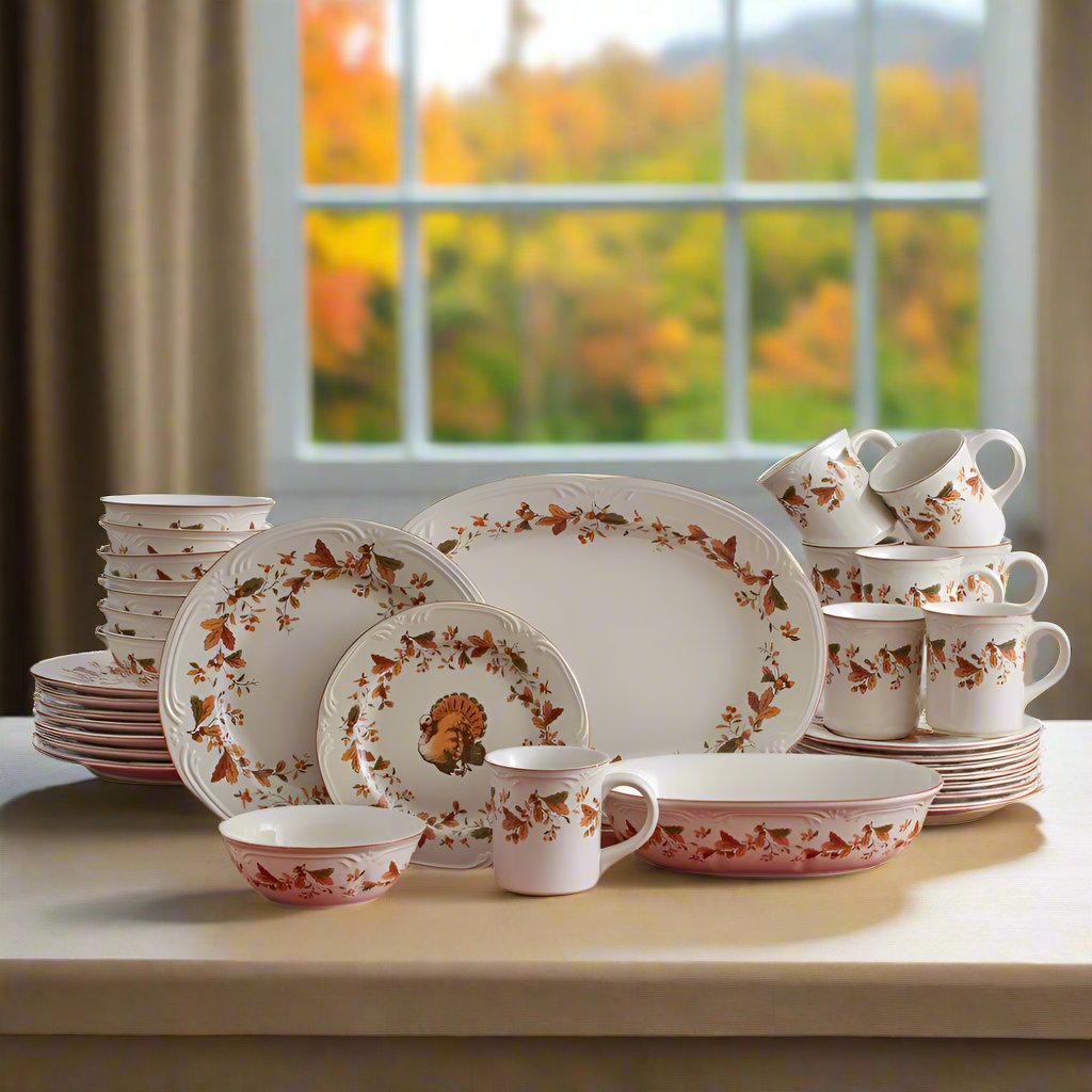 Autumn Berry service for eight with plates bowls mugs and serving pieces arranged on a table