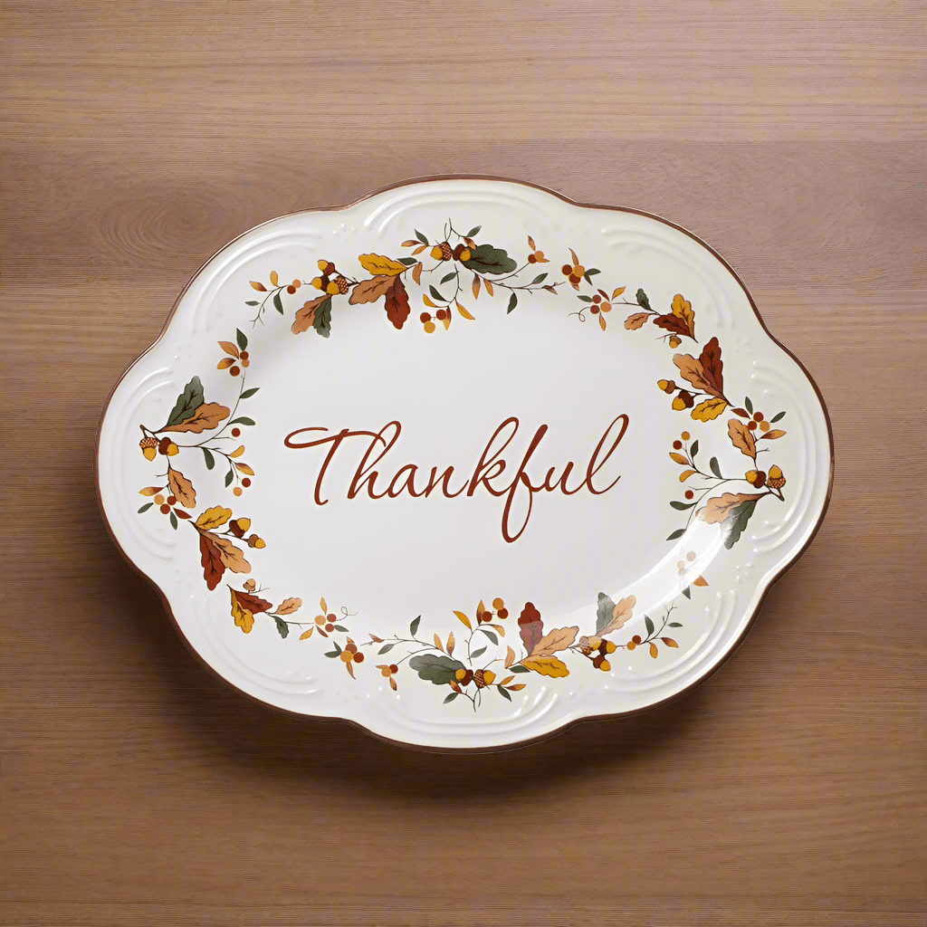 Autumn Berry small oval platter with a colorful autumn leaf border and Thankful script in center