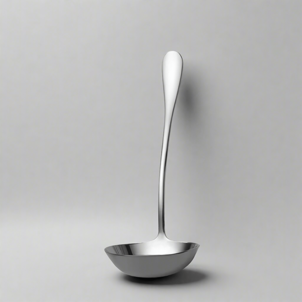 Basic sauce ladle in polished stainless steel with an elongated curved handle.