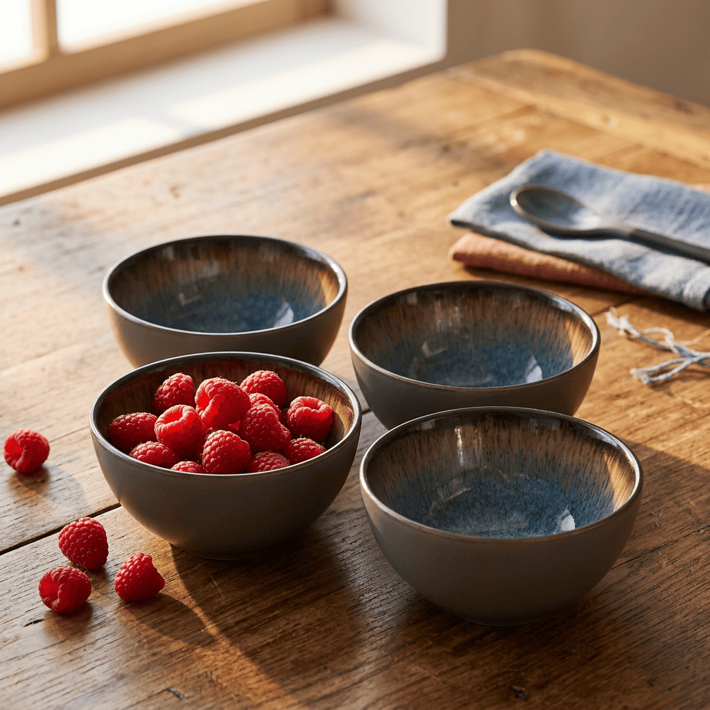 Monroe Blue Set of 4 fruit bowls with blue glaze on a wooden table, raspberries in one bowl.
