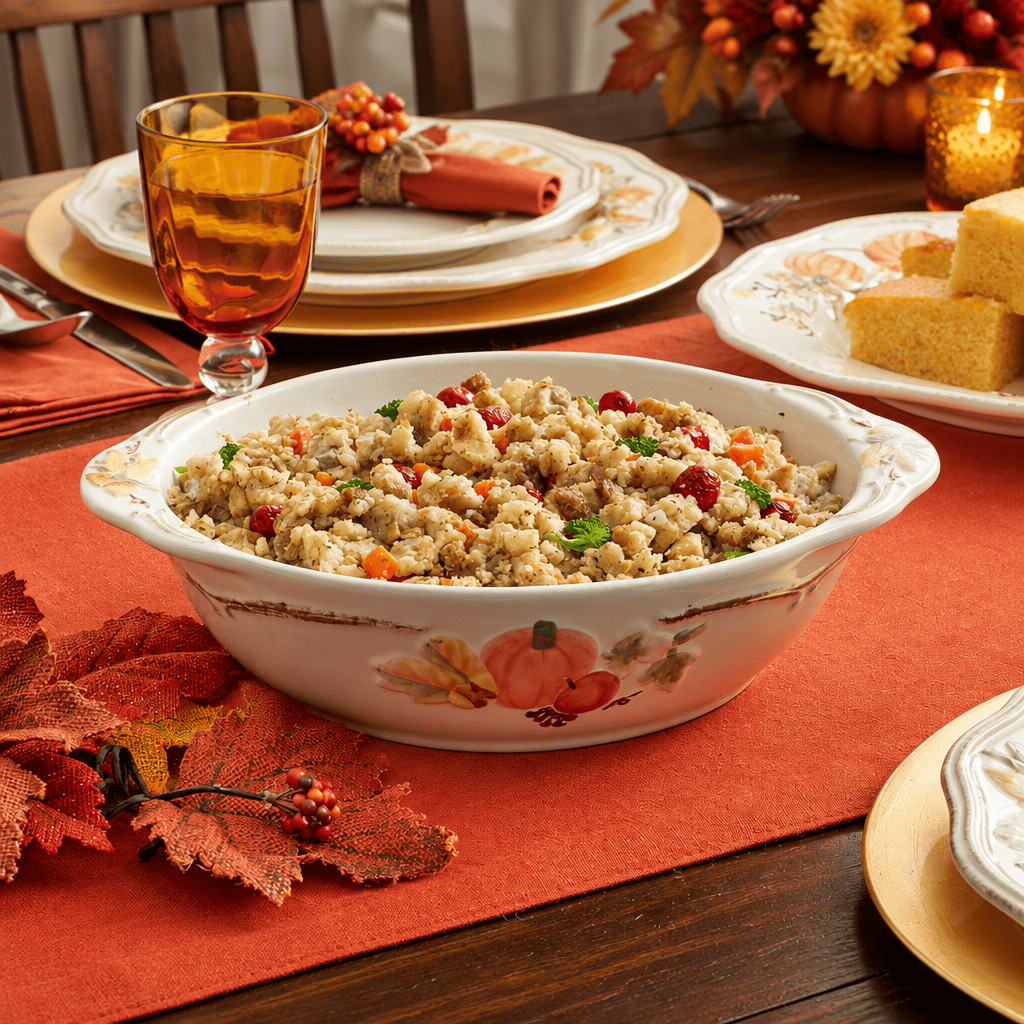 Plymouth Handled Vegetable Bowl with a pumpkin floral design on a fall table setting
