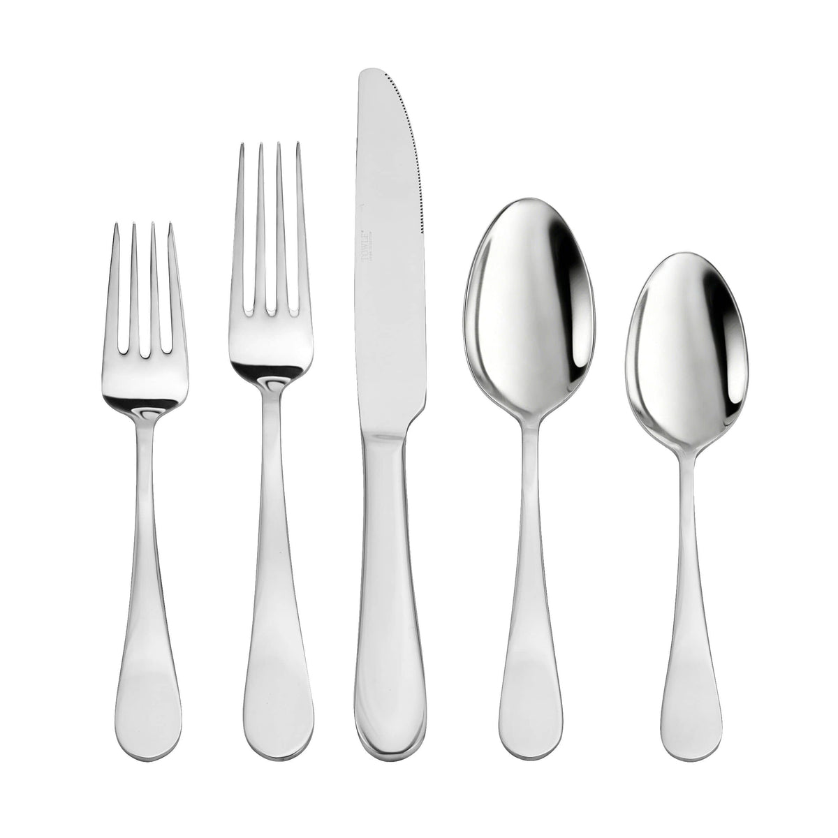 Stainless steel flatware set with forks, a knife, and spoons lined up on a white background.
