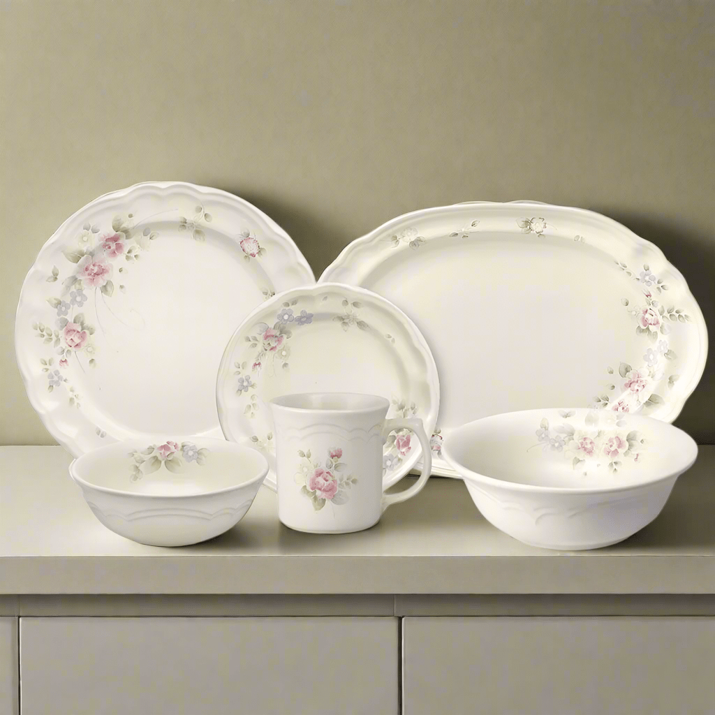 Tea Rose 32 piece dinnerware set with floral pink roses on ivory ceramic, displayed with plates bowls and a mug.