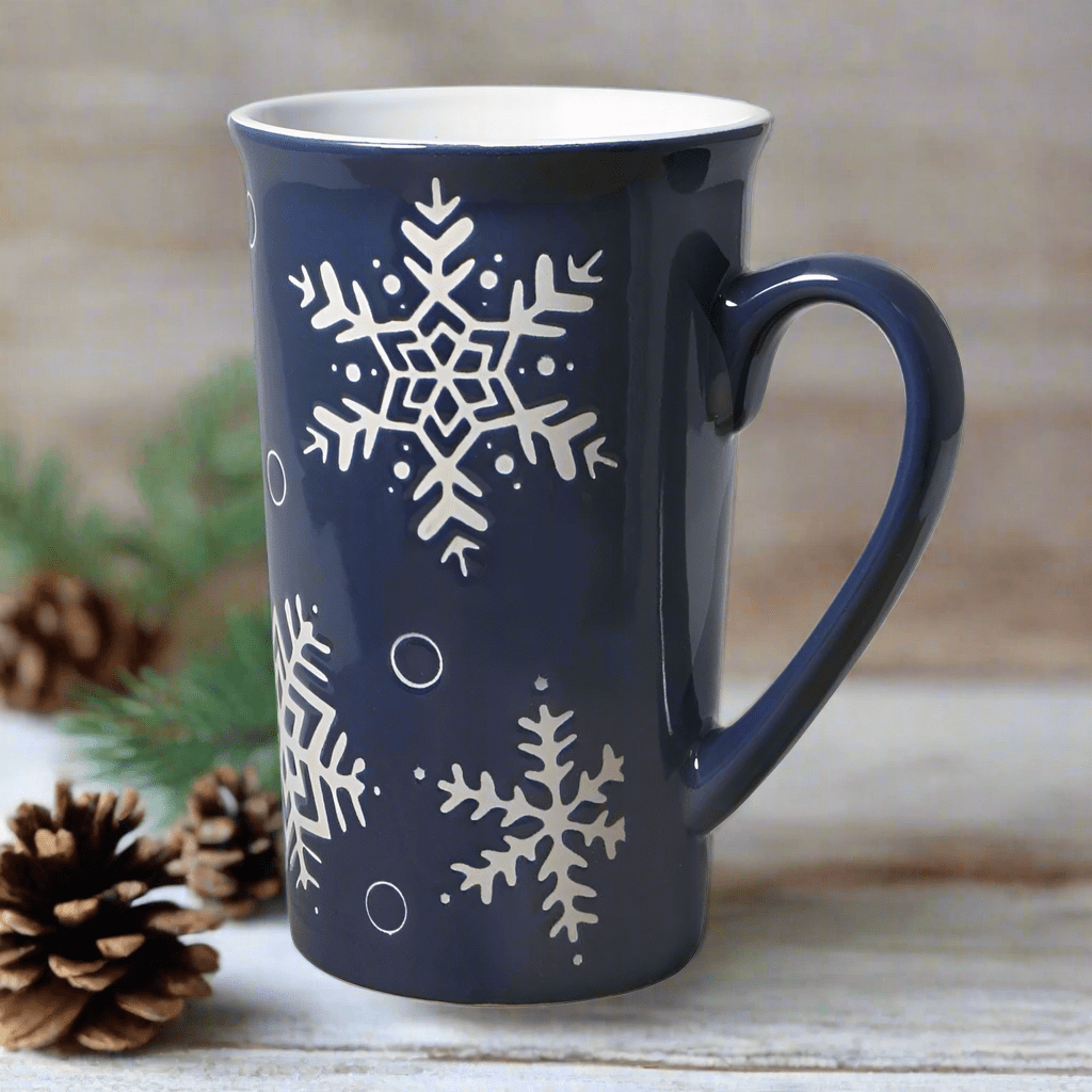 Navy blue Snow Flurry Latte Mug with white snowflake pattern and a curved handle