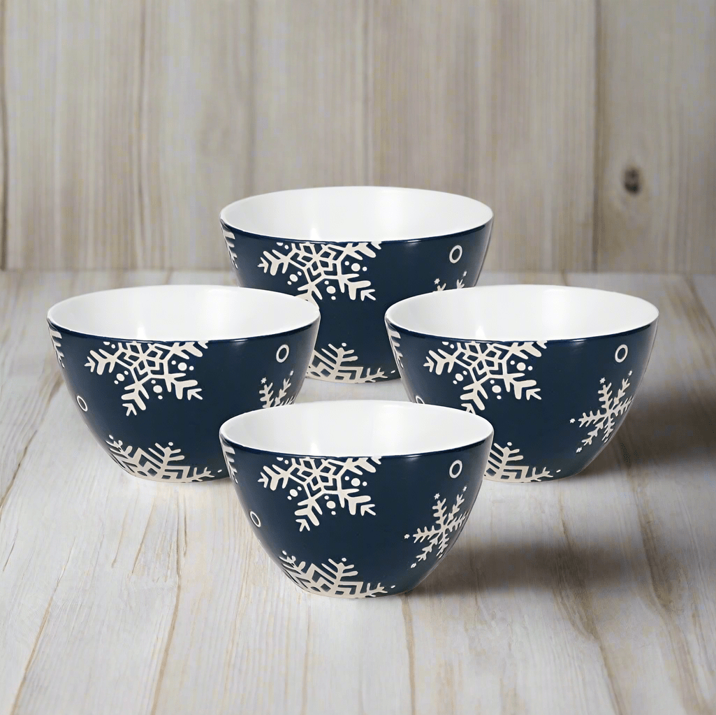 Snow Flurry set of four navy blue soup cereal bowls with white snowflake patterns