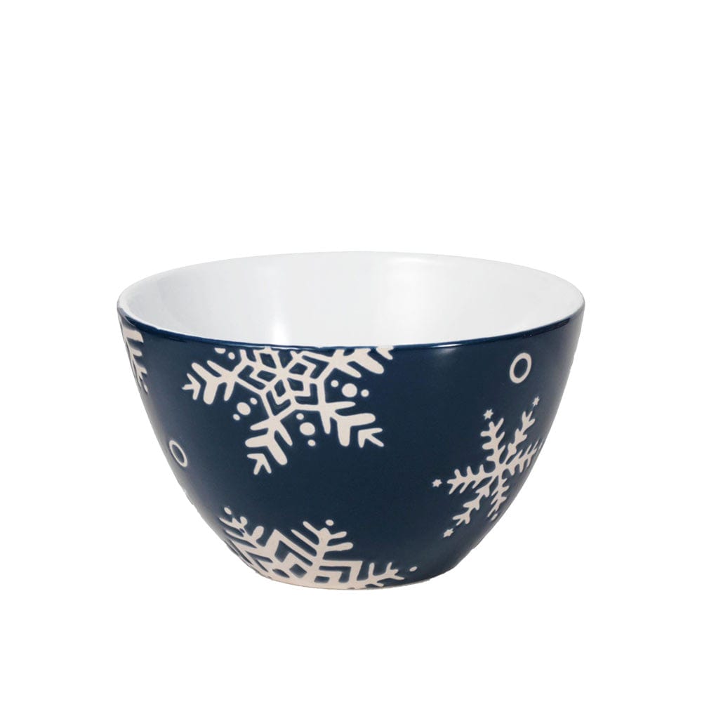 Close up of navy bowl with white snowflake design from Snow Flurry set