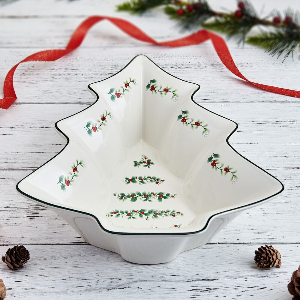 Winterberry Tree Serve Bowl with holly garland accents and a green rim