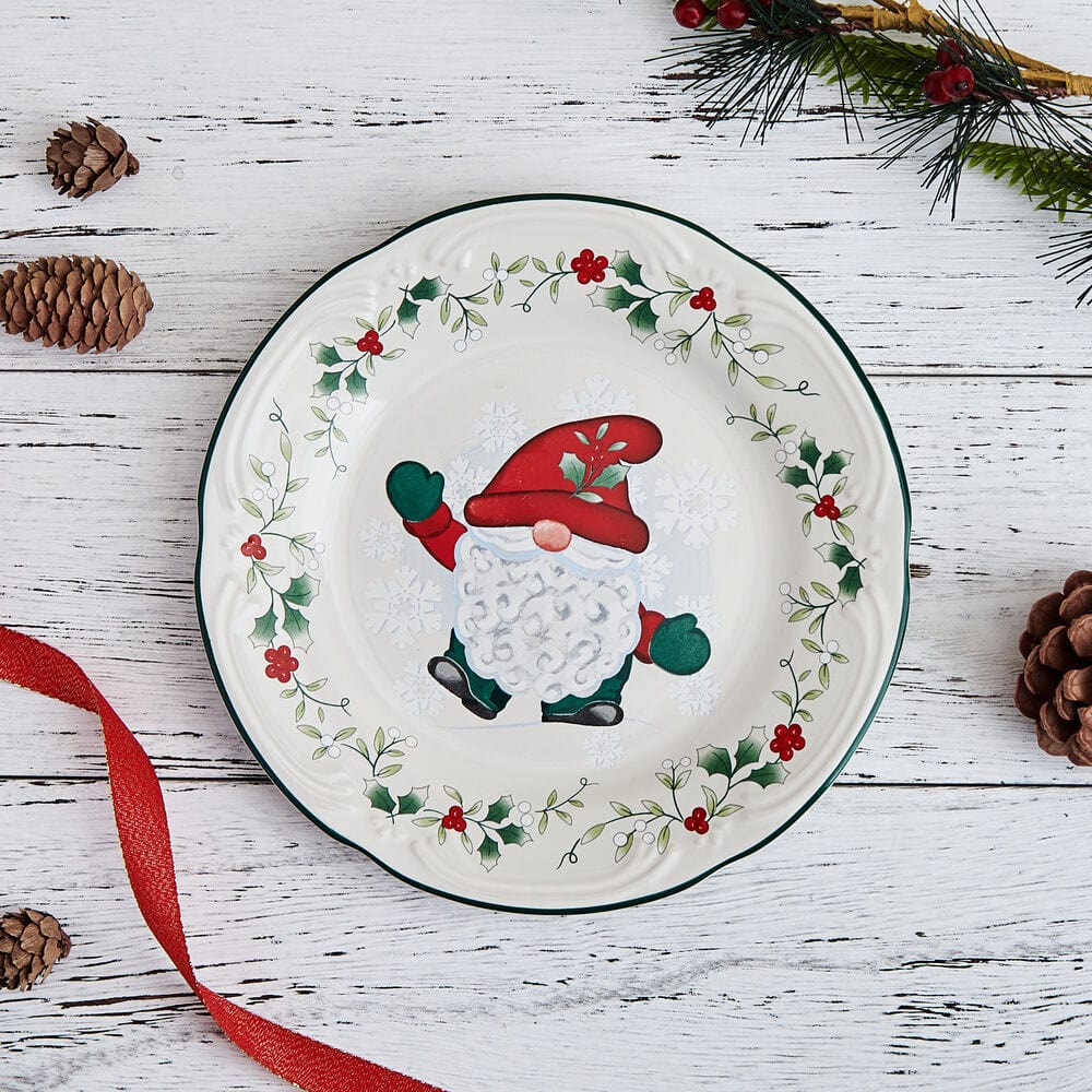 Winterberry gnome salad plate with holly border on white wood background