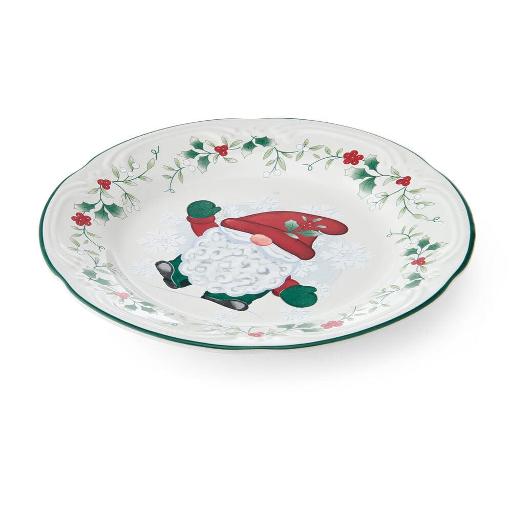Gnome themed salad plate from Winterberry collection with red hat and holly border
