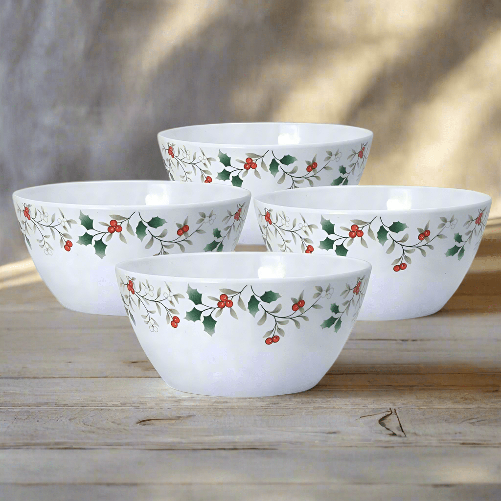 Winterberry melamine cereal bowls four piece set with holly pattern red berries and green leaves