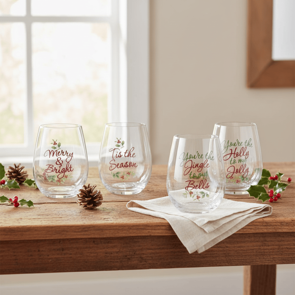Winterberry® Cheerful Set of 4 Sentiment Stemless Wine Glasses