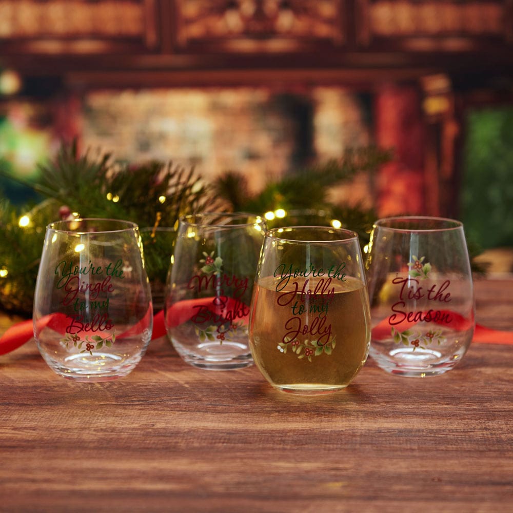 Winterberry® Cheerful Set of 4 Sentiment Stemless Wine Glasses