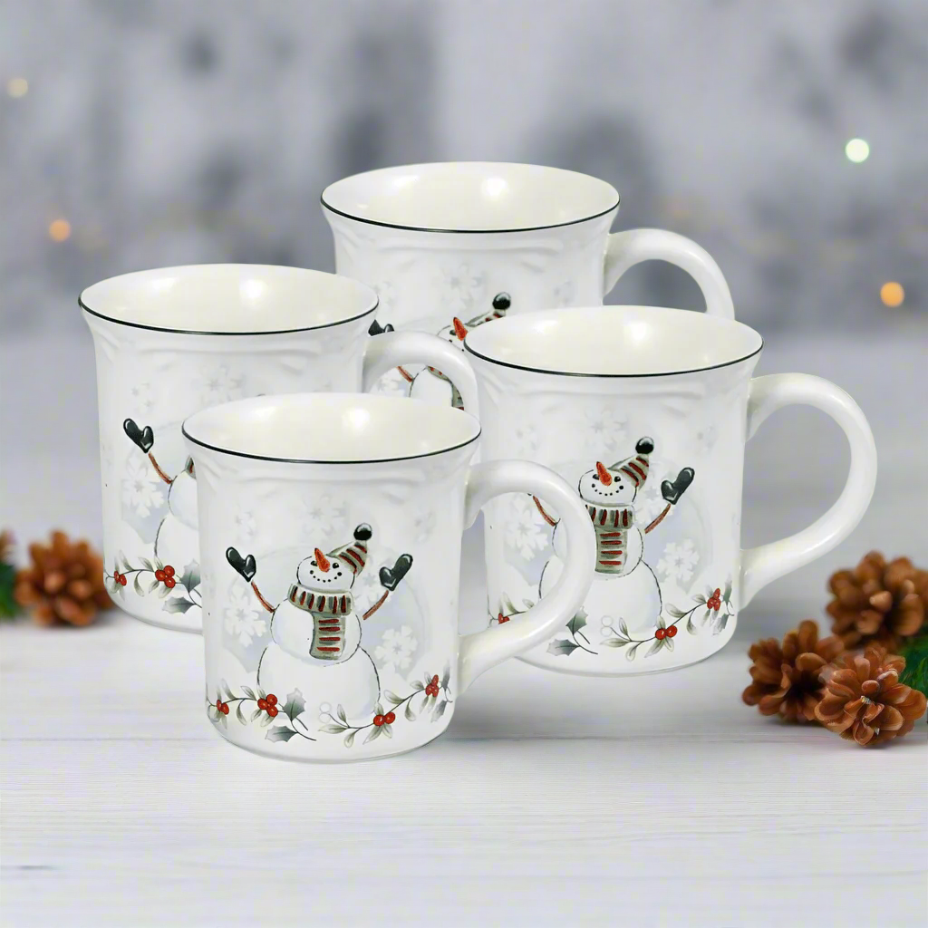 Winterberry four piece set of snowman mugs with festive winter design