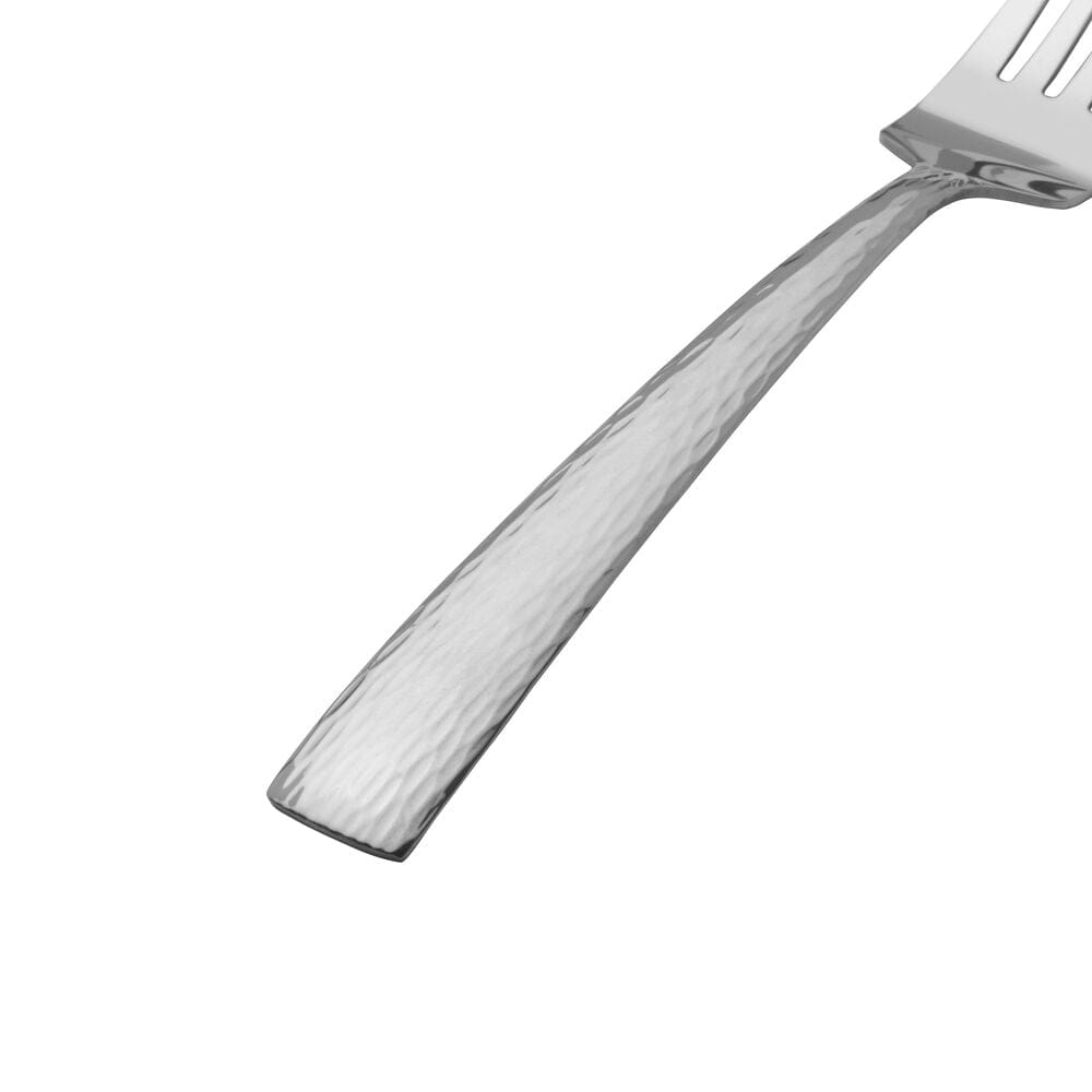 Close up of a hammered stainless steel flatware handle from the Elliott set