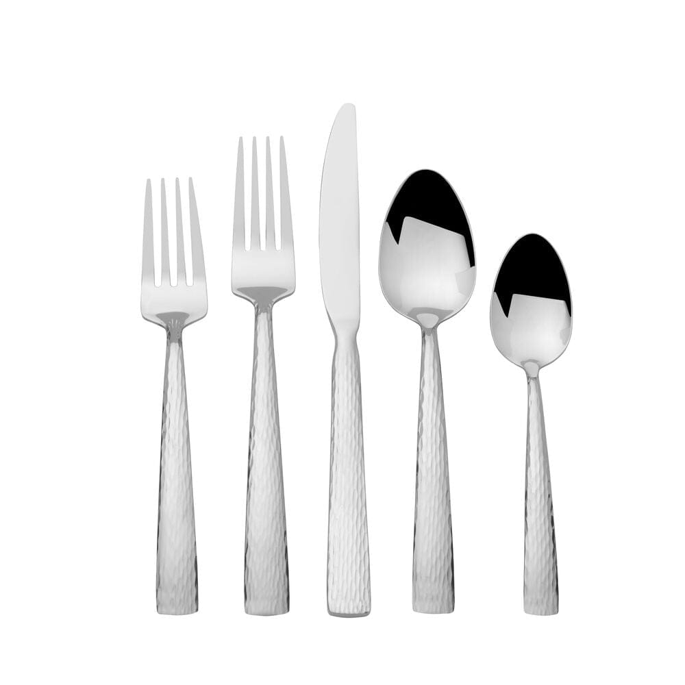 Five polished Elliott flatware pieces including forks knives and spoons arranged in a row