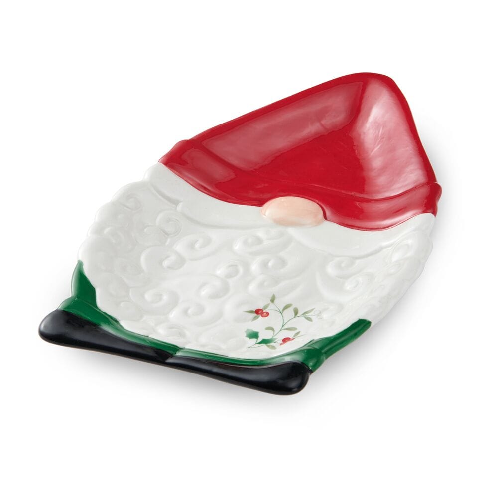 Angled shot of Winterberry gnome cookie plate showing red hat white beard and green base