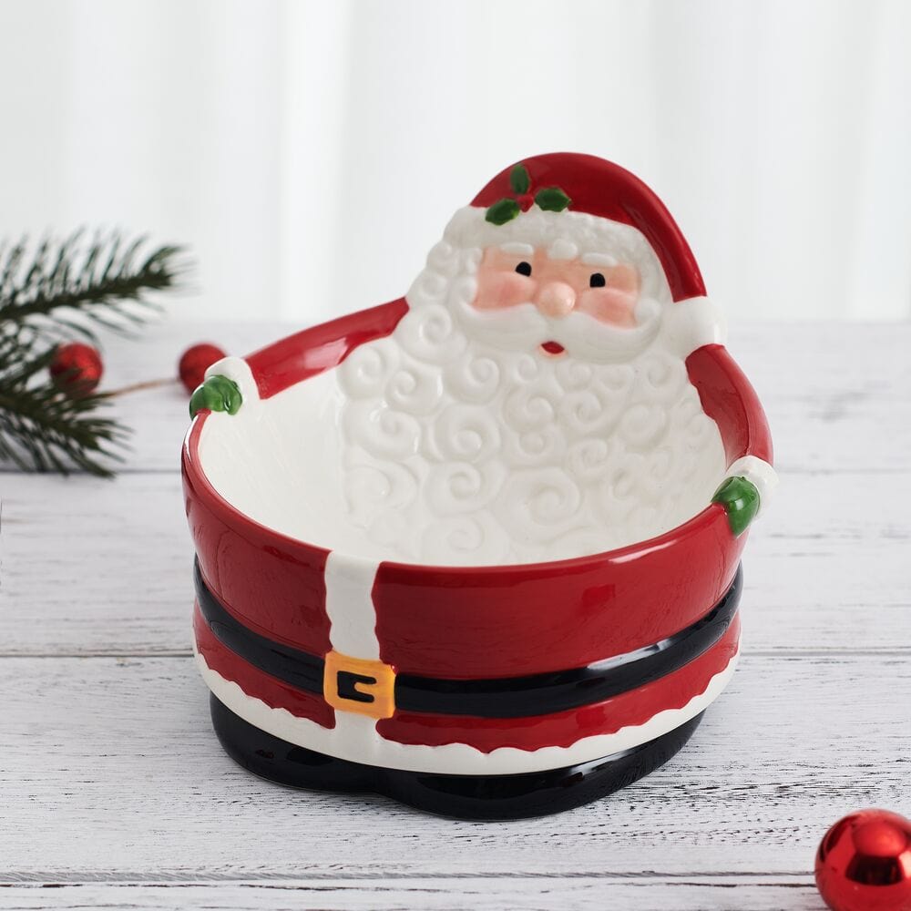 Figural Santa candy bowl in bright red with white beard and green gloves, hollow bowl formed by Santa's coat.