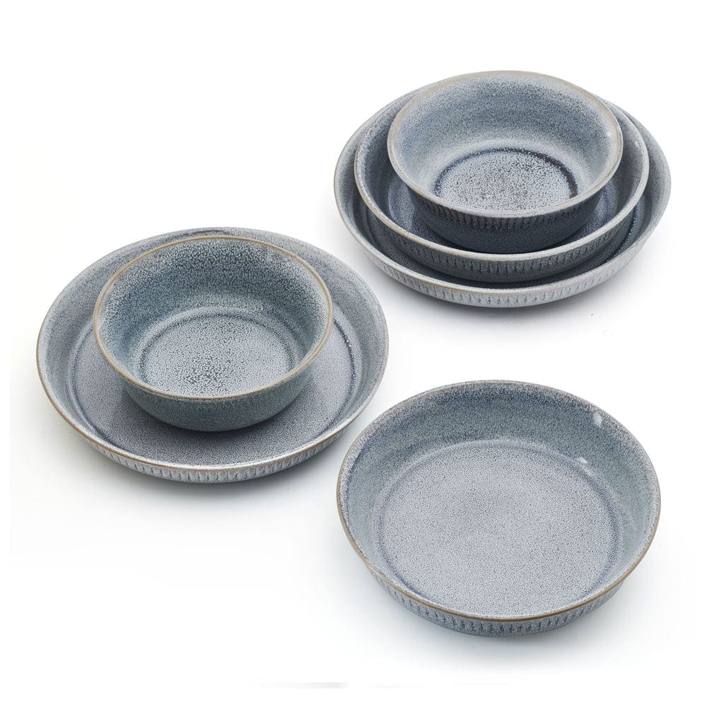 Amara Smoke six piece dinnerware bowls for two stacked in blue gray speckled glaze