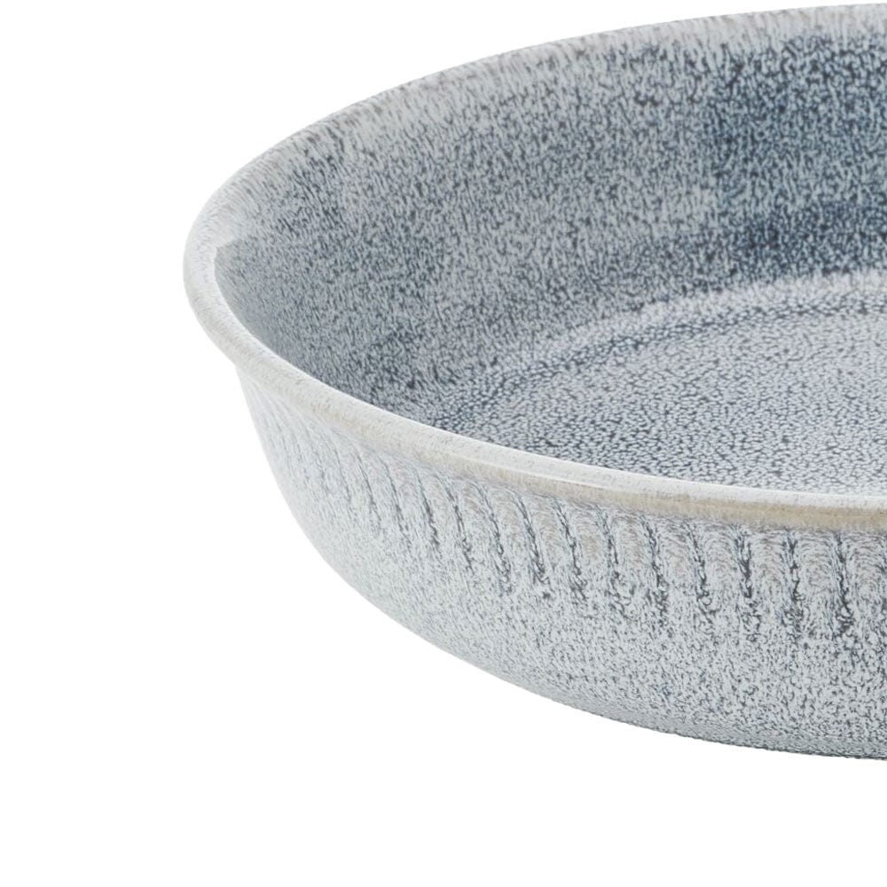 Close up of Amara Smoke bowl showing textured speckled glaze and ribbed exterior