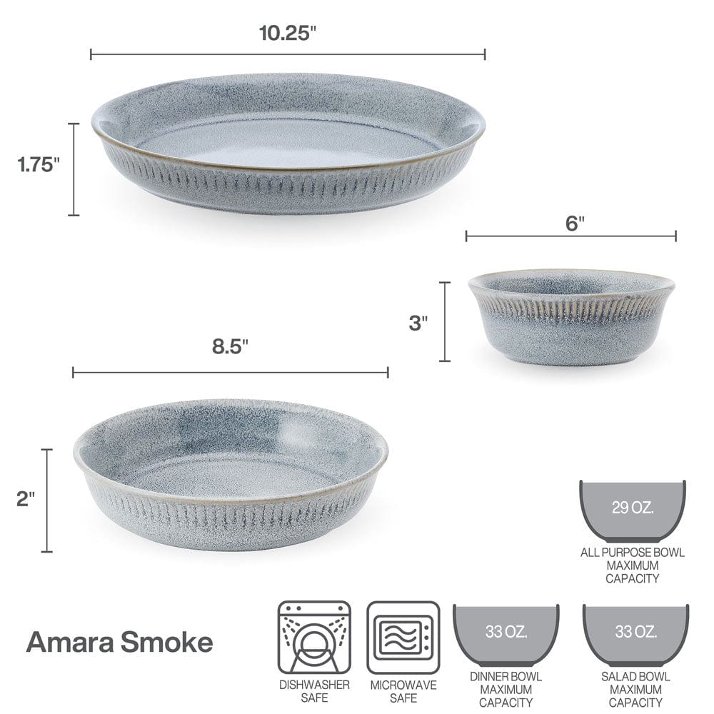 Amara Smoke six piece dinnerware bowl set for two in blue gray speckled glaze shown with bowls of varying sizes