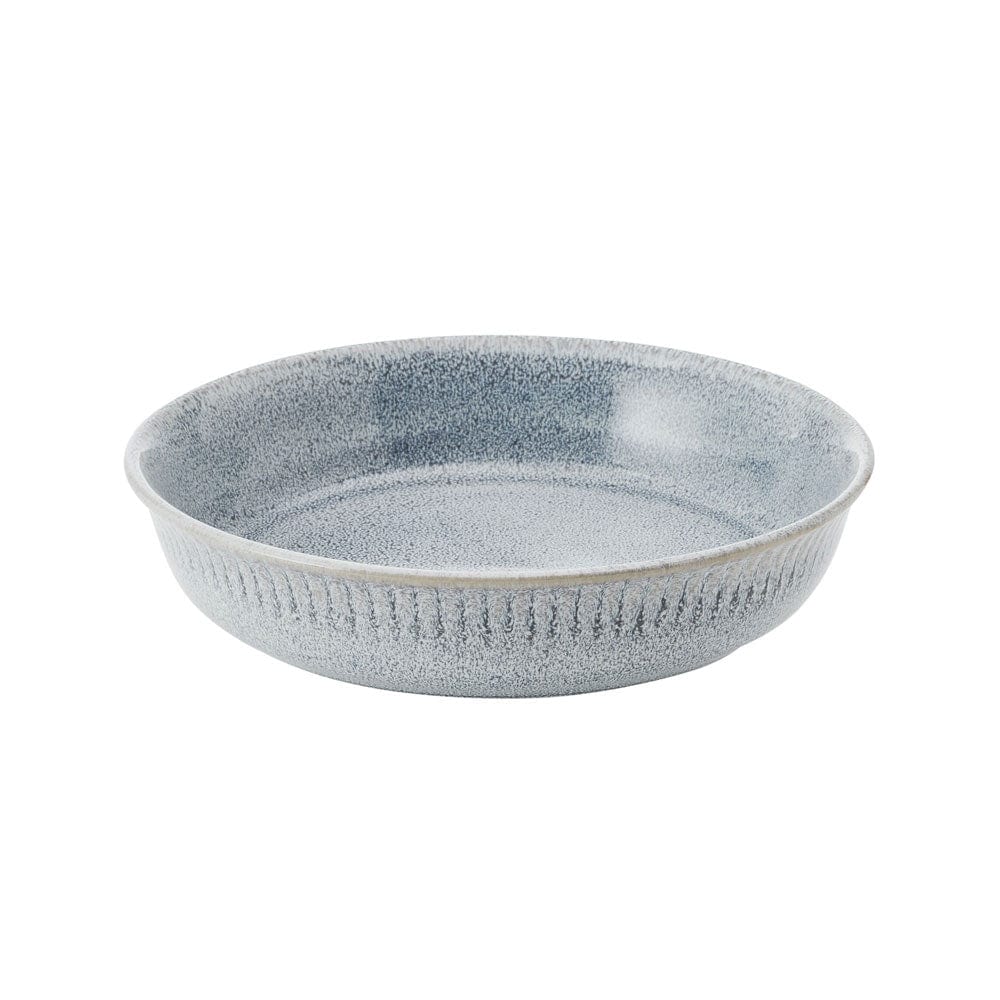 Round shallow dinner bowl with speckled blue gray glaze from Amara Smoke dinnerware set