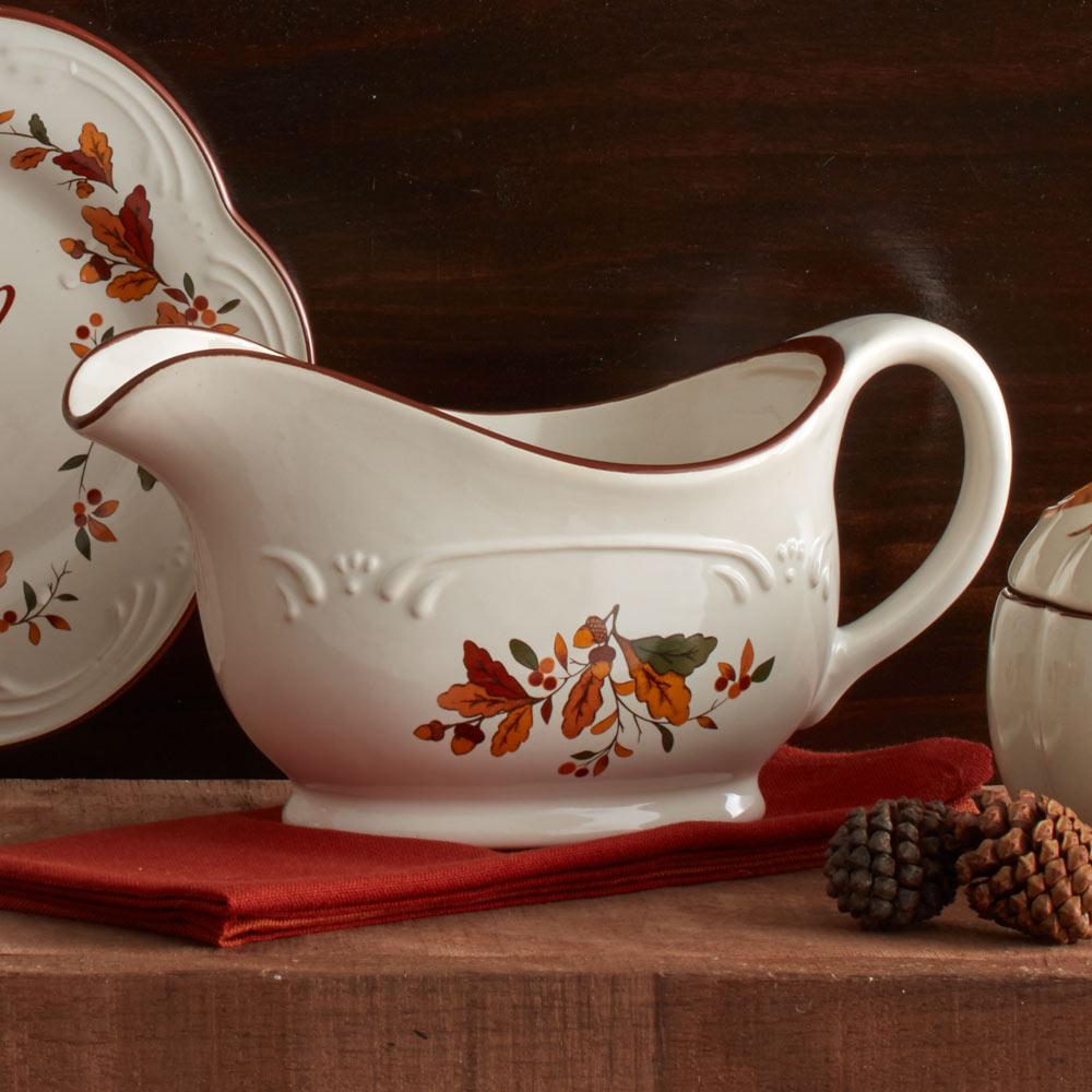 Autumn Berry Gravy Boat in white with a fall leaf motif along the body