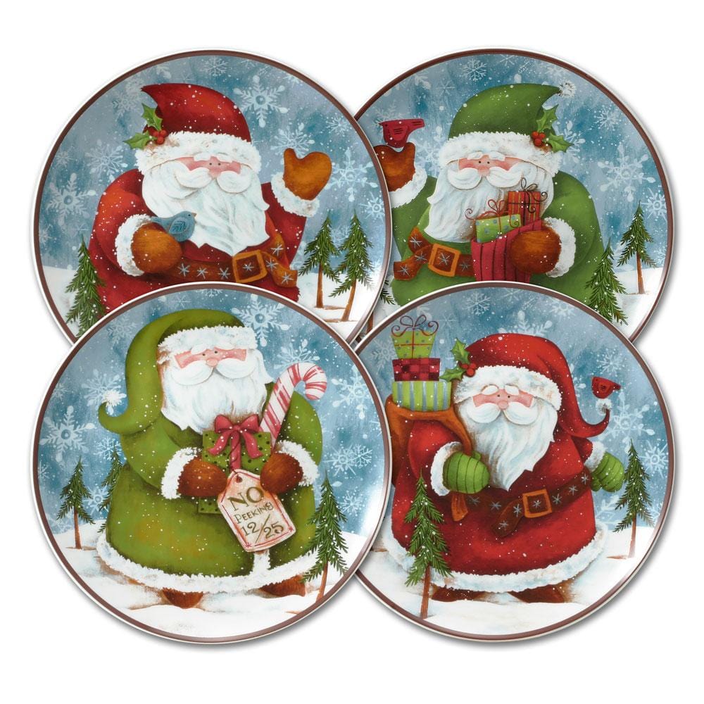 Four Santa salad plates arranged in a collage, each Santa with gifts against snowy backgrounds.