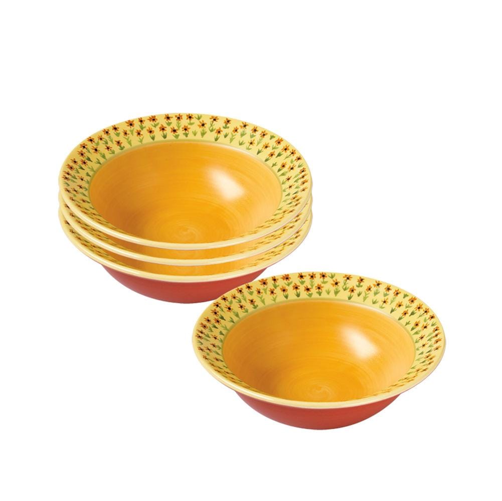 Pistoulet rim soup bowls stacked on white background with yellow interiors and floral rims.