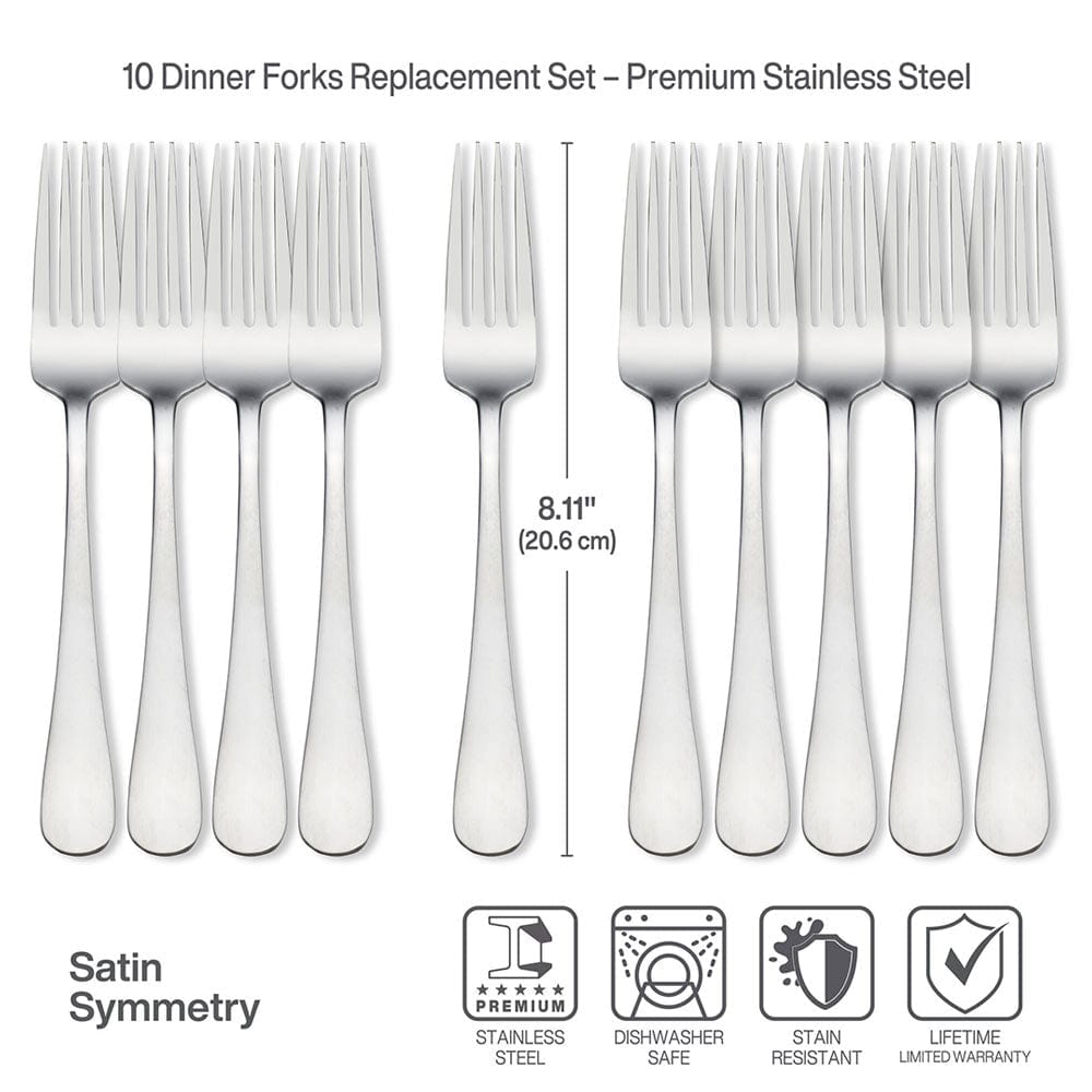 Ten satin stainless steel dinner forks from the Satin Symmetry set
