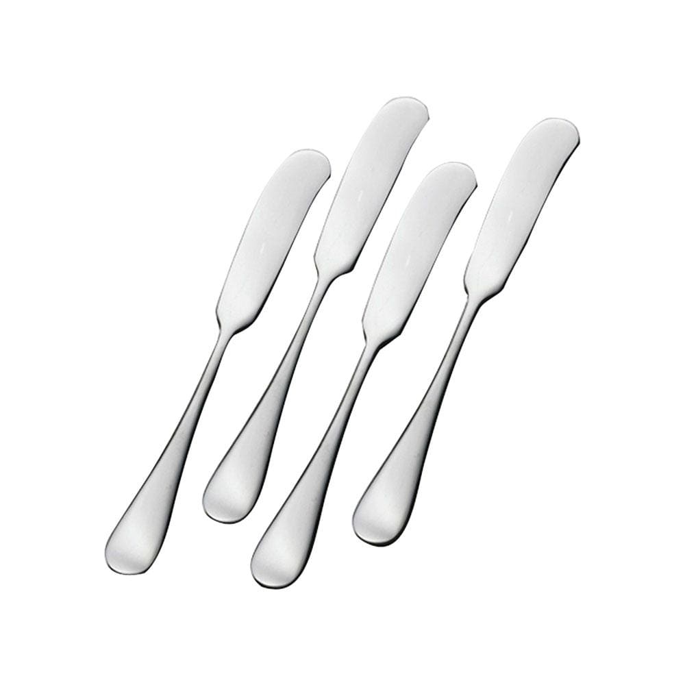 Set of four silver spreaders with rounded handles arranged diagonally