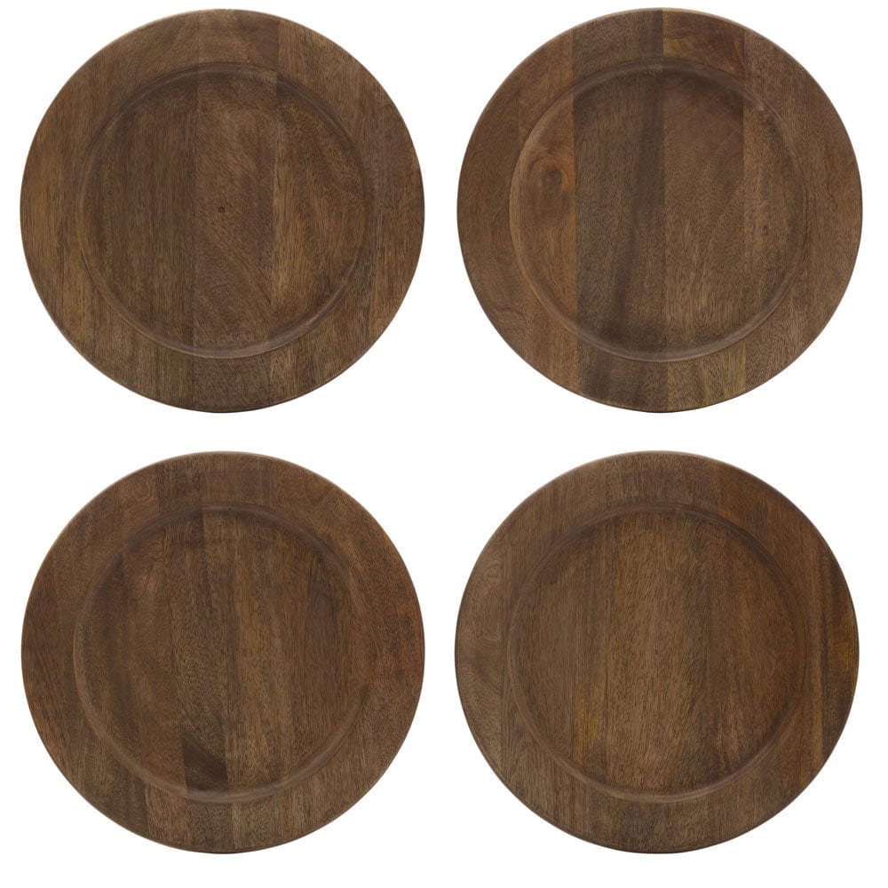 Set of four round mango wood charger plates with a warm brown grain.
