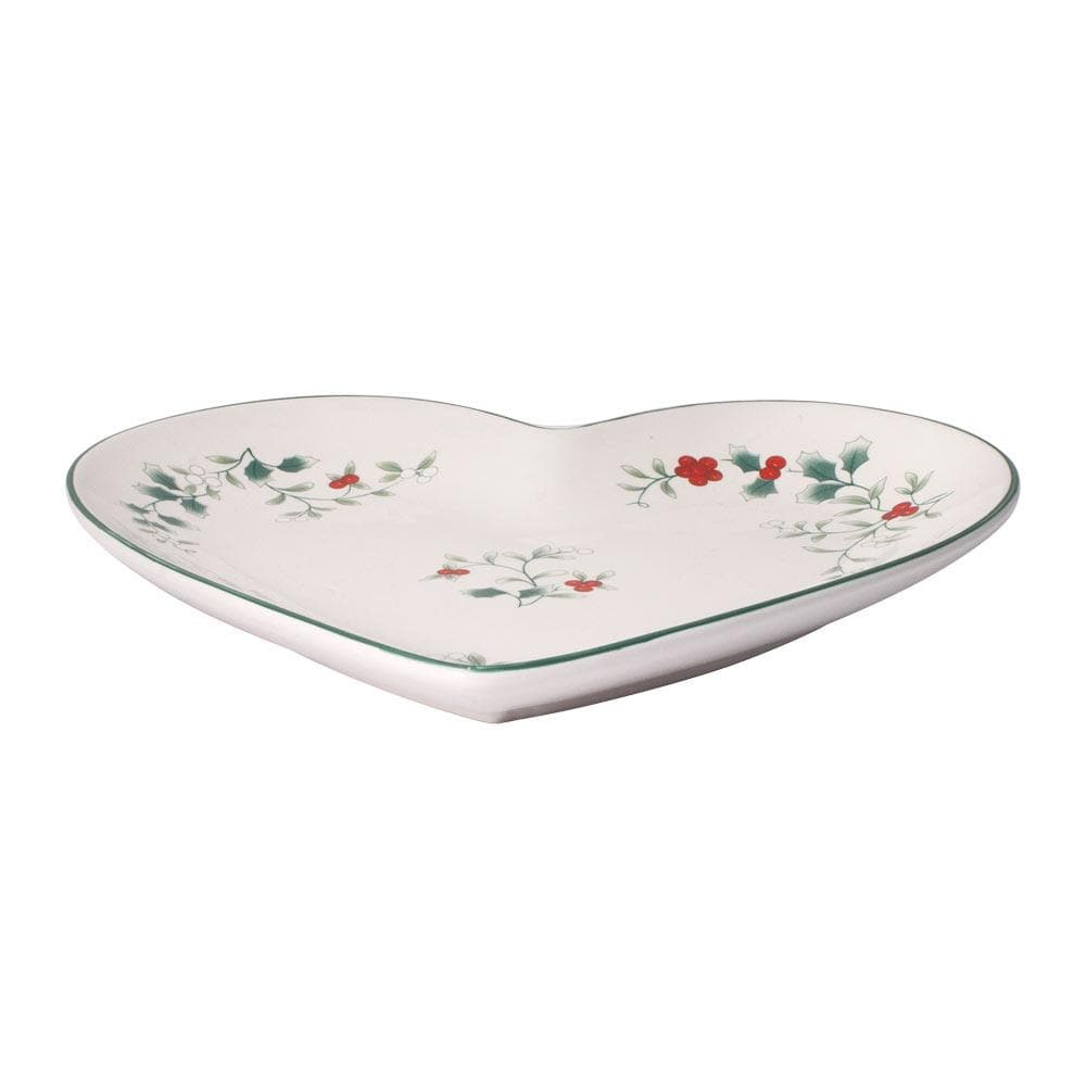 Winterberry heart platter with green rim and holly motif.