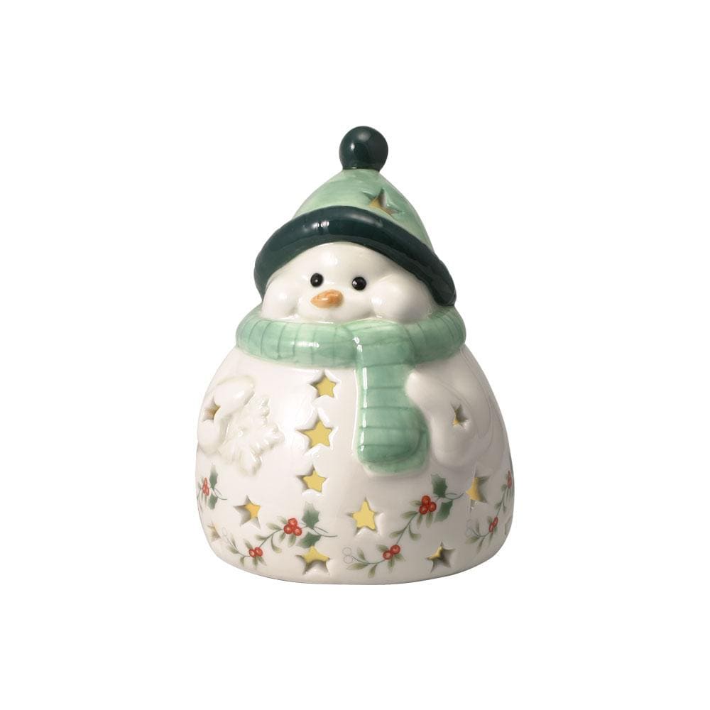 Winterberry Jolly Snowman ceramic decor with mint scarf and hat, star cutouts and a warm inner light.