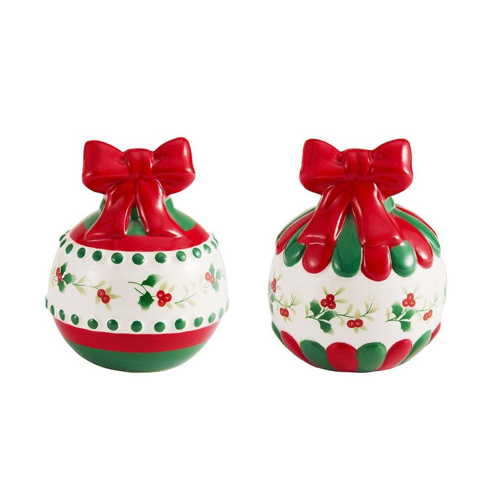 Winterberry ornament salt and pepper set two round white shakers with red bows and holly pattern