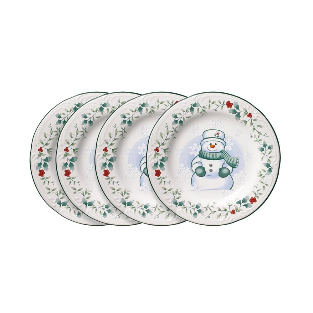 Winterberry snowman salad plates set of four with holly border and snowflake accents.