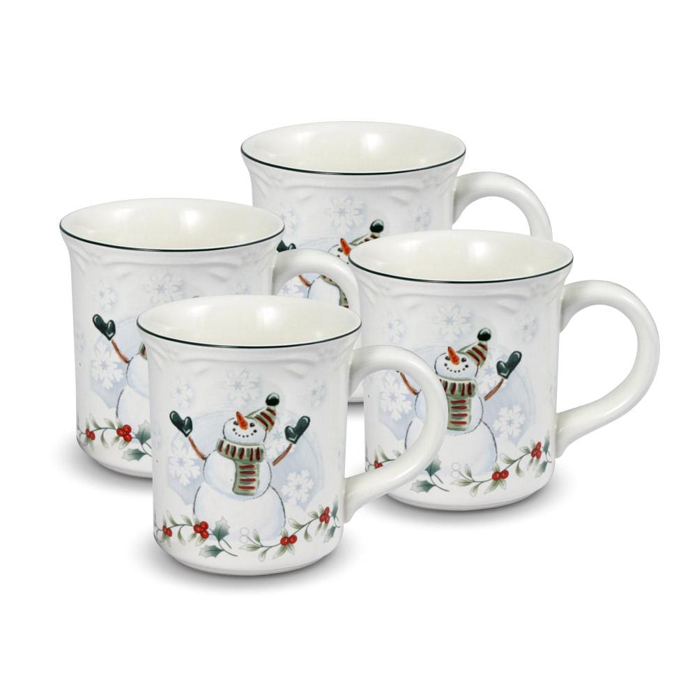 Winterberry four piece white ceramic snowman mug set with holly and snowflake patterns