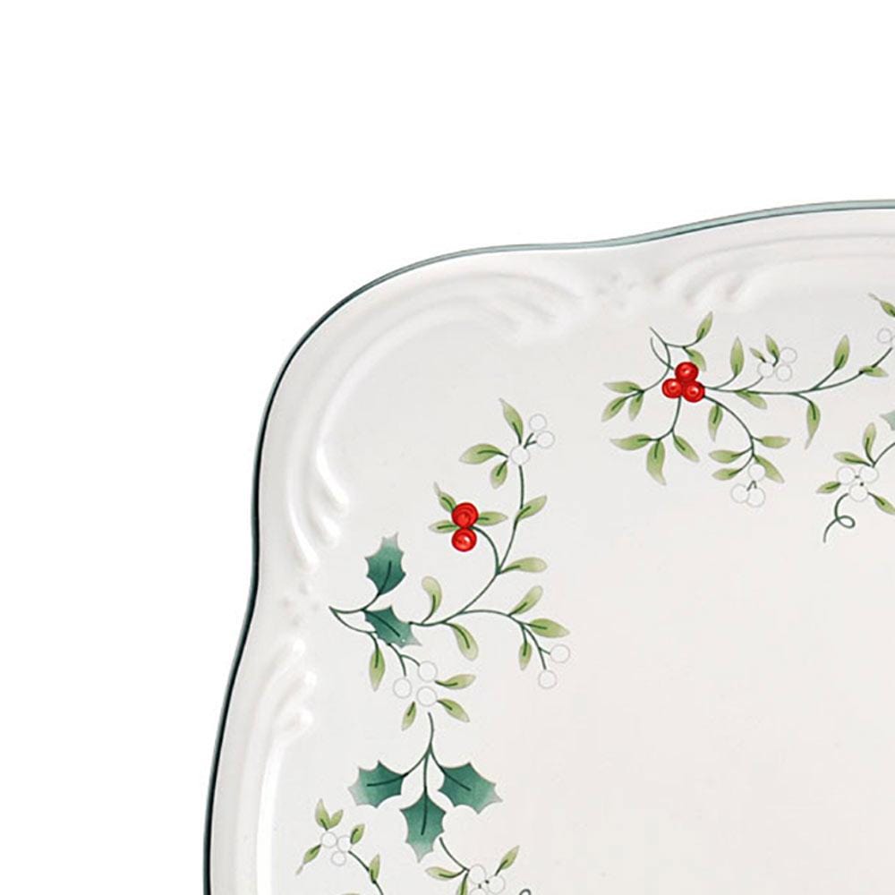 Winterberry square salad plate with holly and red berry design along the rim