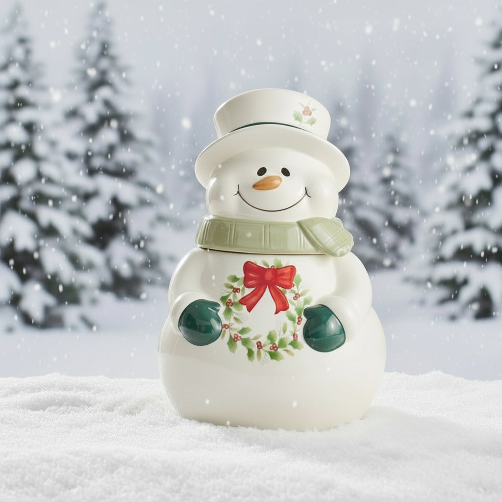 Winterberry Snowman cookie jar with wreath on belly, green scarf, and hat in a snowy landscape.