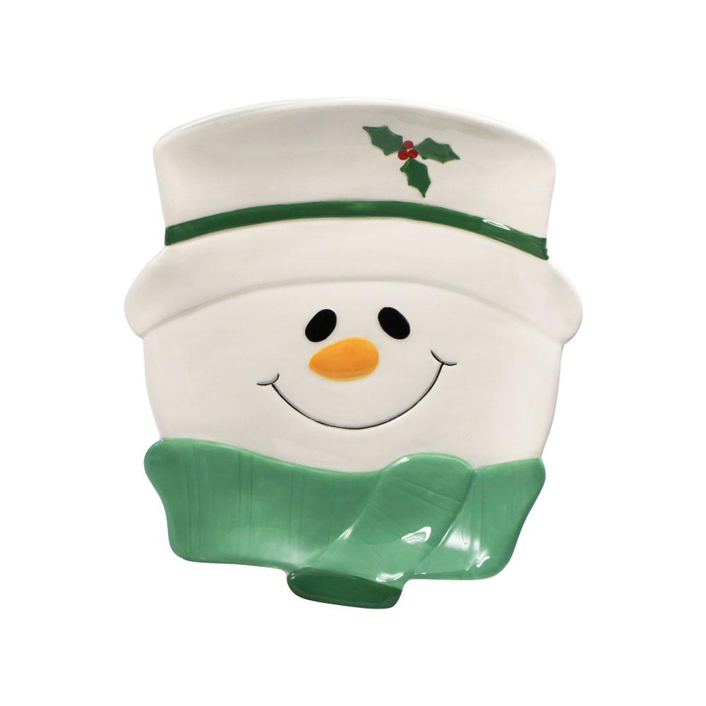 Winterberry snowman figural cookie plate featuring a smiling face orange nose white hat with holly and a green scarf