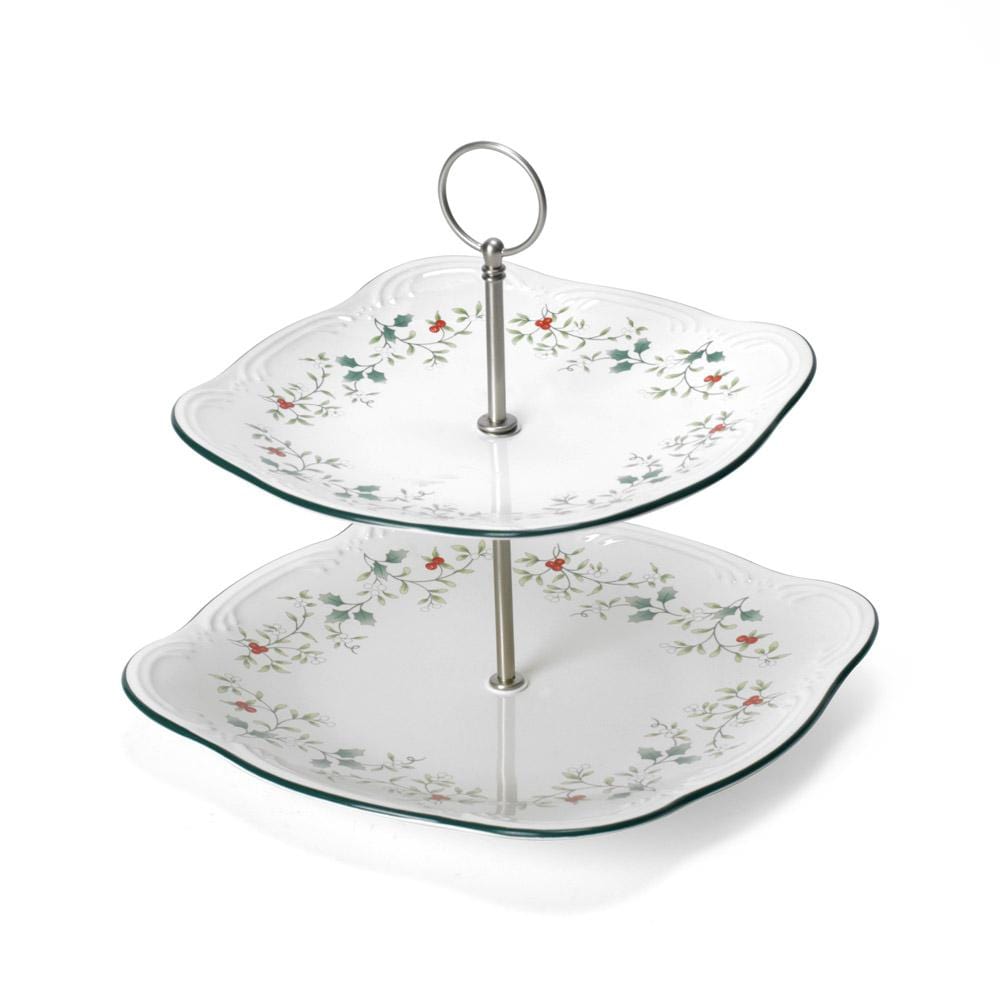 Winterberry Square Tiered Server two tier porcelain plates with holly motif and central ring handle.