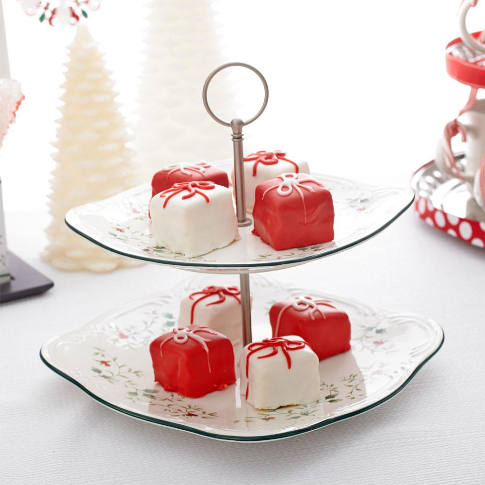 Winterberry Square Tiered Server two tier stand with holly patterned plates and a ring handle.